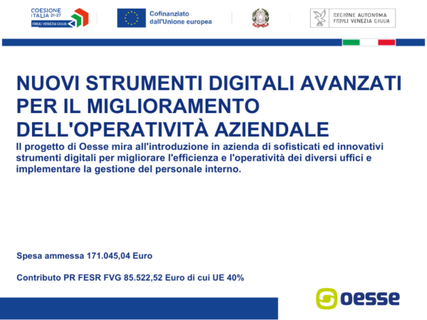 Oesse ottiene il decreto di concessione per il Bando PR FESR 2021–2027 – A2.1.1